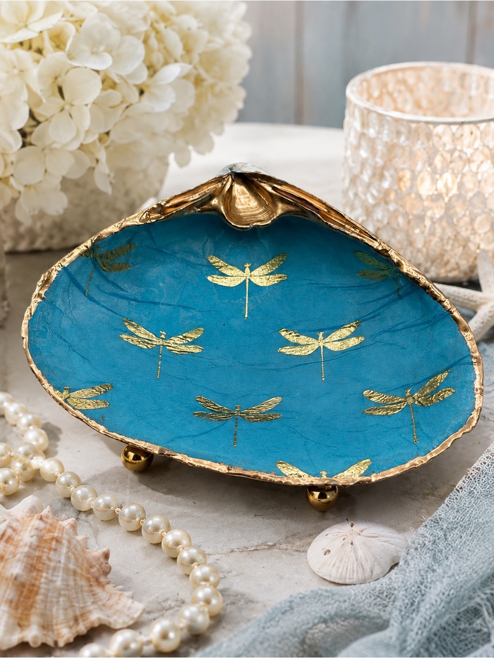 Teal Dragonfly Gold-Trim Trinket Shell Dish